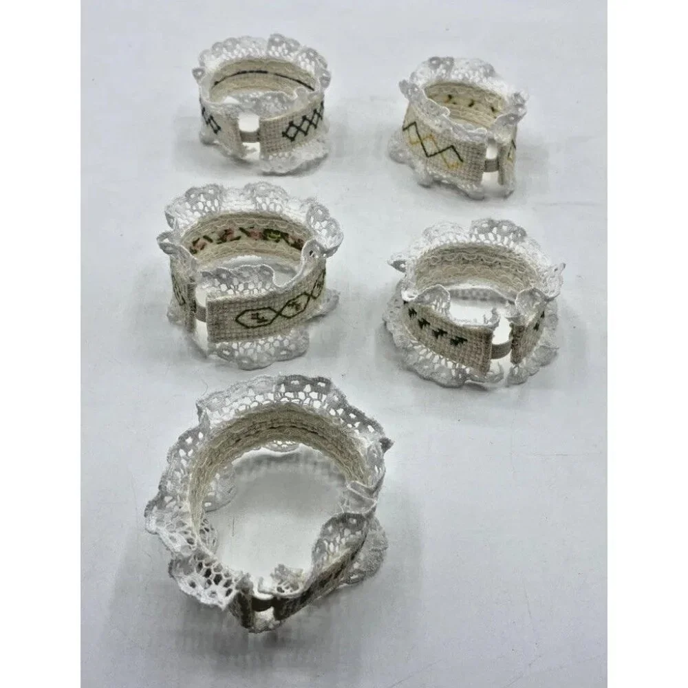 Vintage Cross Stitch Napkin Rings Handmade Easter Spring Dinner Party Set of 5